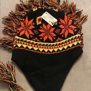 Black and Orange Knit Hat with Fringe